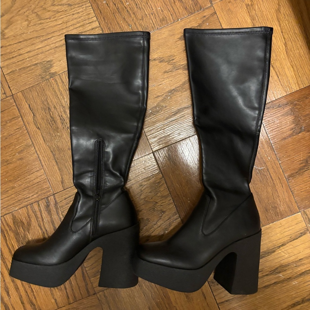 Black Knee High Boots with Chunky Heel - Abound